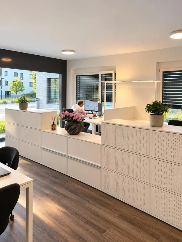 Arbeitsplätze hinter weissen Schrankelementen im Büro Baden
