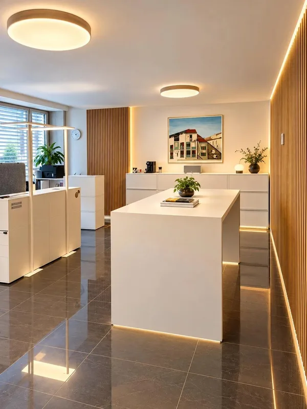 Empfangsbereich mit Stehtisch und Holzlamellen im Büro Baden